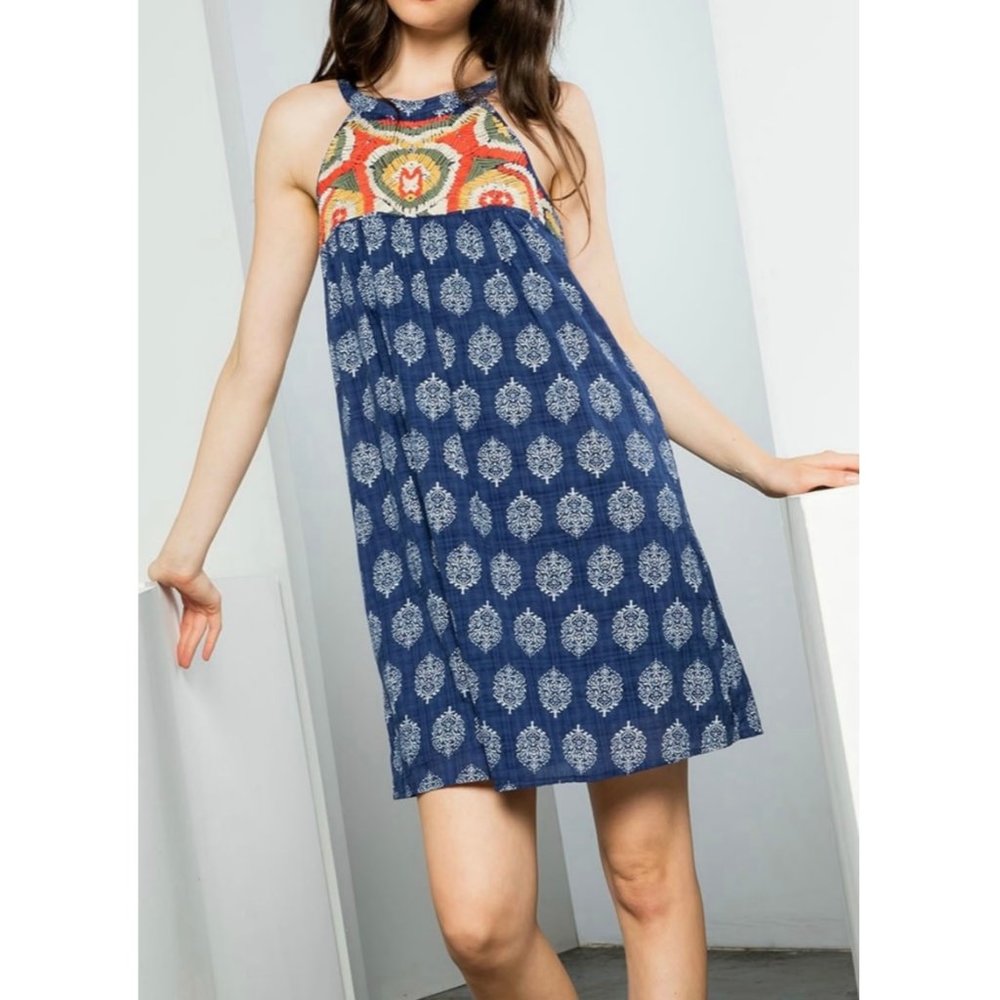 THML Printed Halter Embroidery Mini Dress